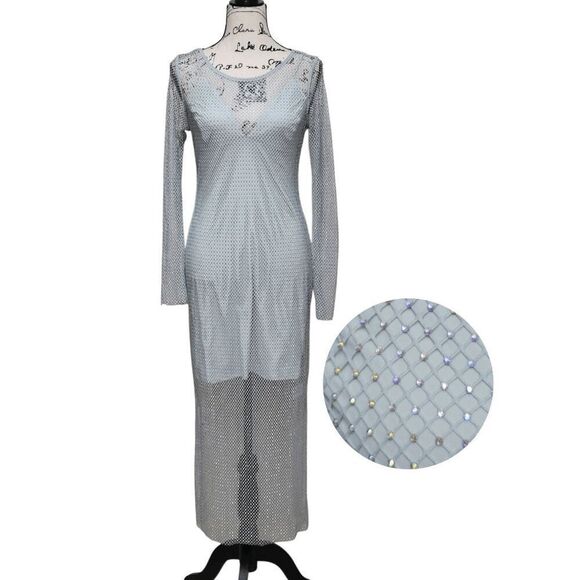 ✨💎 NWT HOUSE OF HARLOW 1960 Long Sleeve Mesh Crystal Rhinestone Maxi Dress Sz S